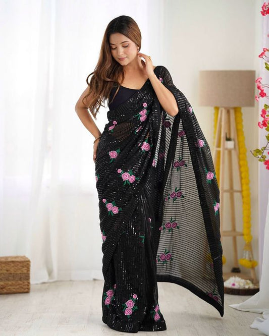 Black Thread & Sequance Embroidery Work Georgette Saree