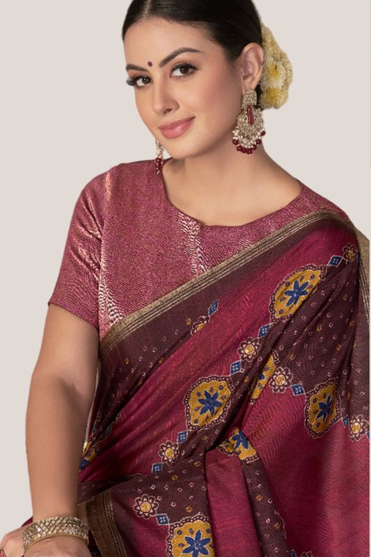 Maroon Rangkat Tussar Silk Bandhani Printed With Thread Embroidery Work Heavy Wedding Ceremony Wear Saree