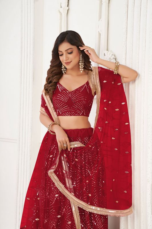 Maroon Color Glamorous Heavy Embroidery Work Wedding Reception Wear Bridesmaid Lehenga