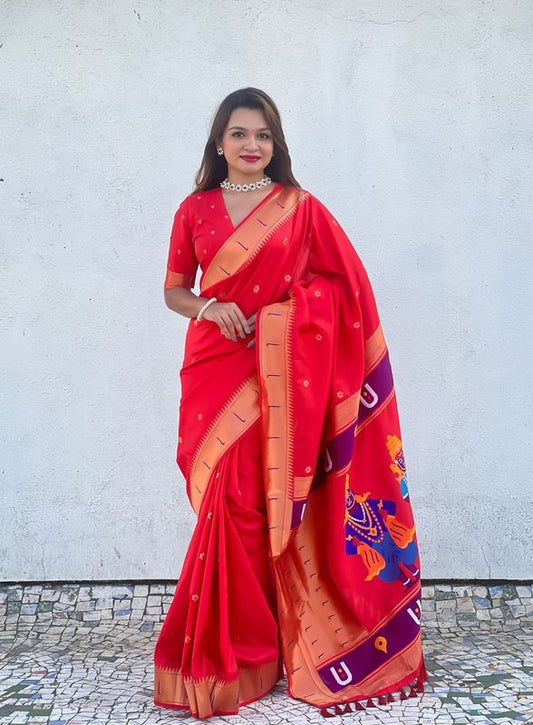 Red Wevon Paithani Vitthala Designer Soft Silk Saree