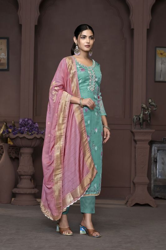 Blue Banarasi Organza Designer Printed With Hand Work Heavy Looks Traditional Salwar Suit For Indian Girls