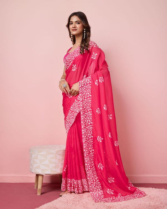 Pink Sequance Embroidery Work Tabby Silk Saree