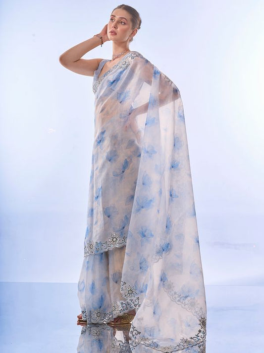 Off White Designer Embroidery Work Milky Organza Saree