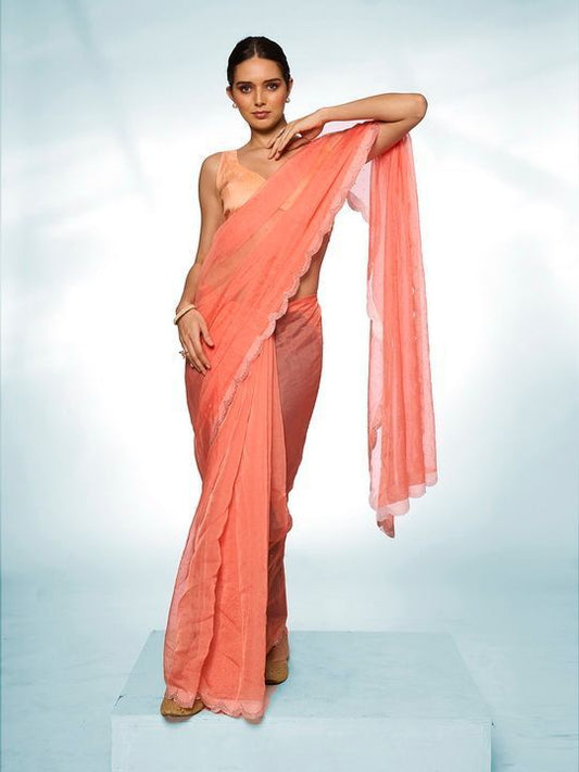 Orange Swarovski Designer Organza Saree