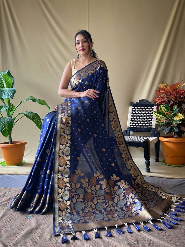 Blue Weaving Jacquard Jari Designer Soft Silk Saree