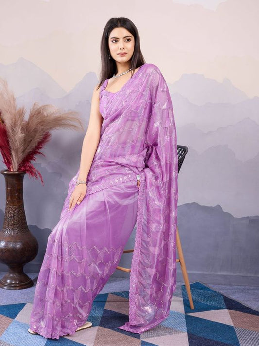 Purple Designer Sequance Embroidery Work Twill Net Saree