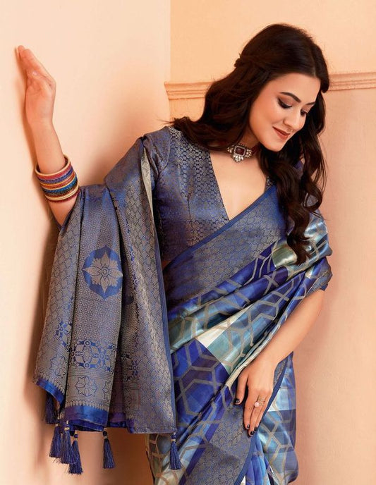 Blue Wevon Jacquard Designer Organza Jacquard Saree