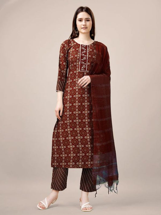 Maroon Color Rayon Fabric Designer Printed Readymade Suits With Smart Embroidery Work