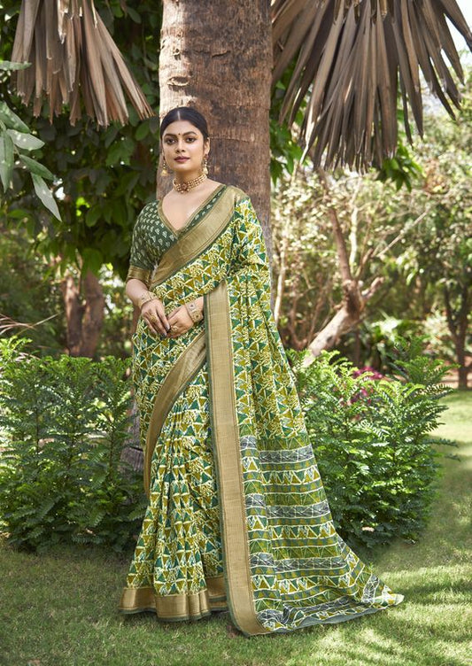 Light Green Wevon Border Designer With Printed Kalamkari Silk Saree