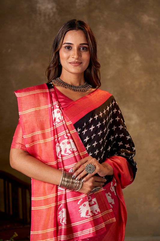 Black Cotton Printed Saree and Stitched Pink Blouse