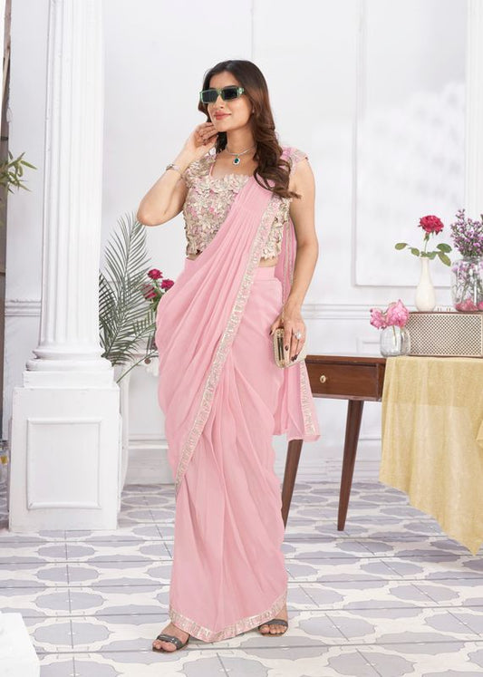 Pink Designer Sequance Embroidery & Hand Work Shimmer Georgette Saree