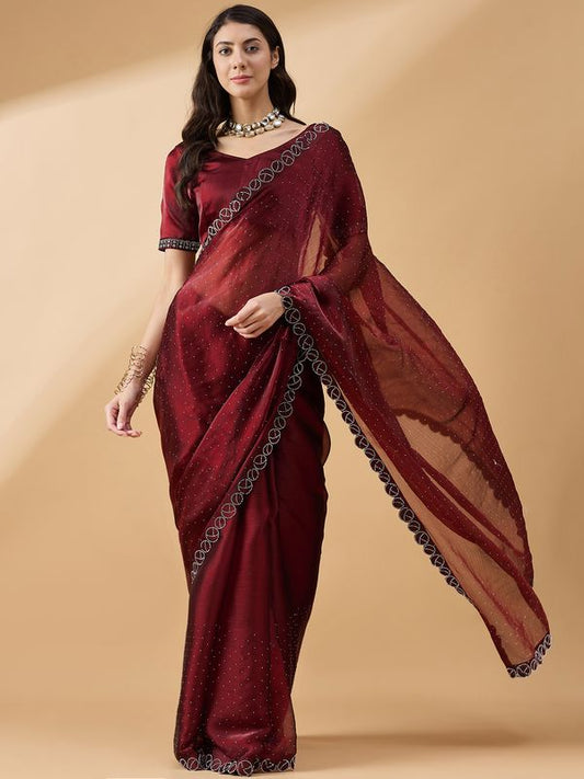 Brown Designer Swarovski & Stone Work Organza Saree