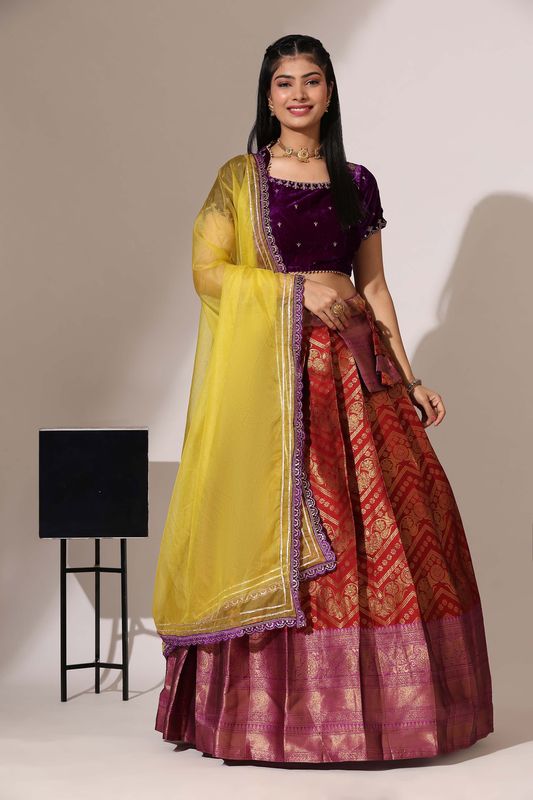 Multi Velvet Jacquard Work Lehenga