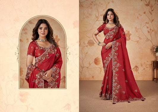 Red Heavy Embroidery & Patch & Pearl Work Upada Silk Saree