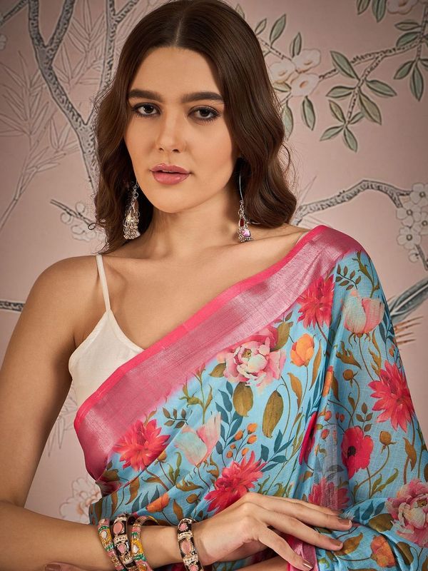 Sea Green Color Digital Printed Designer Linen Fabric Graceful Saree