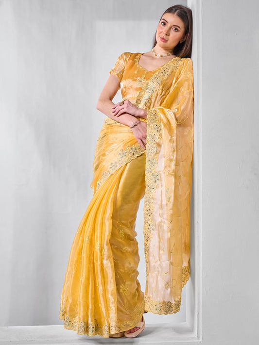 Yellow Color Burburry Fabric Bollywood Style Designer Embroidery Work Evening Party Saree