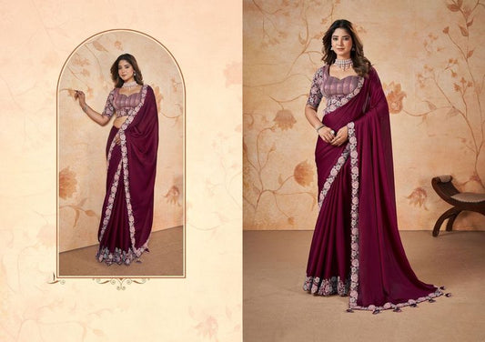 Wine Heavy Embroidery & Patch & Pearl Work Satin Chiffon Silk Saree