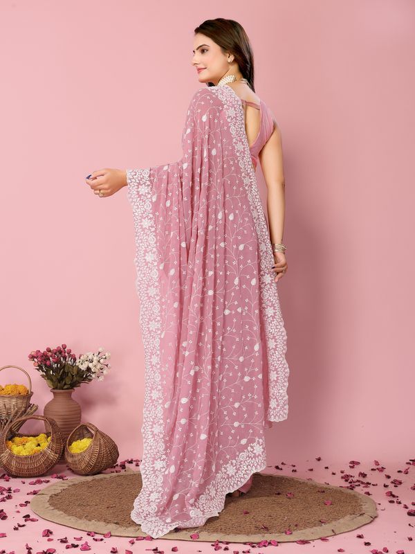 Pink Thread & Sequance Embroidery Work Georgette Saree