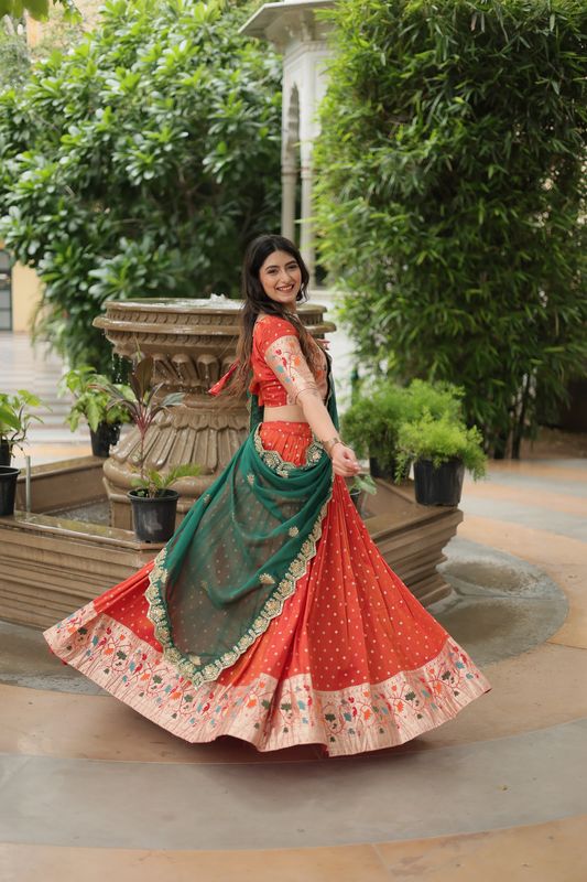 Orange Color Heavy Looks Partywear Ceremonial Lehenga Set for Trendy Looks