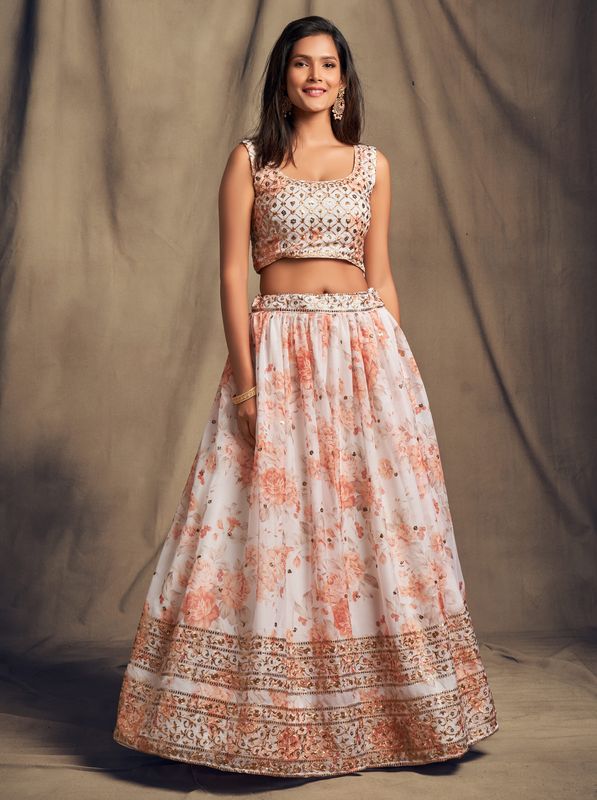White Women's Organza Embroidery Lehenga Choli