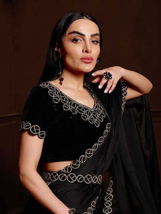 Black Stone Work Satin Chiffon Saree