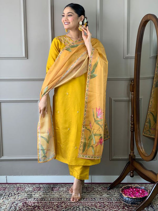 Yellow Chanderi Silk Straight Kurta