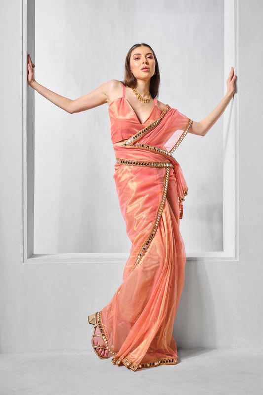 Orange Solid & Gold Cotted Gold Tissue Net Saree