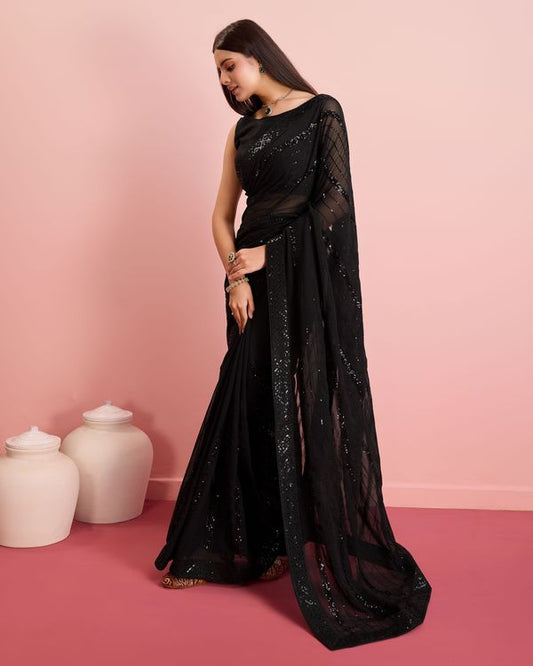 Black Designer Sequance Embroidery Work Georgette Saree