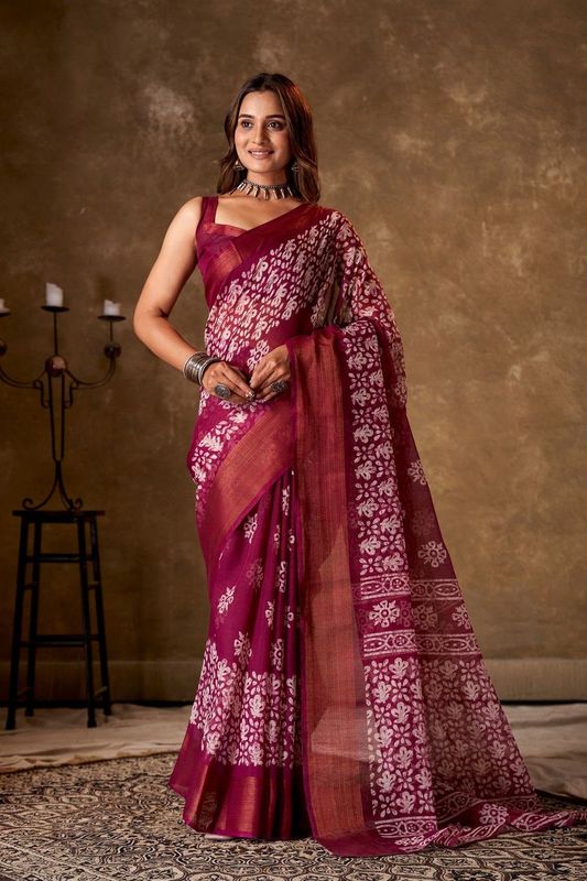 Rani Cotton Printed Saree and Stitched Rani Blouse
