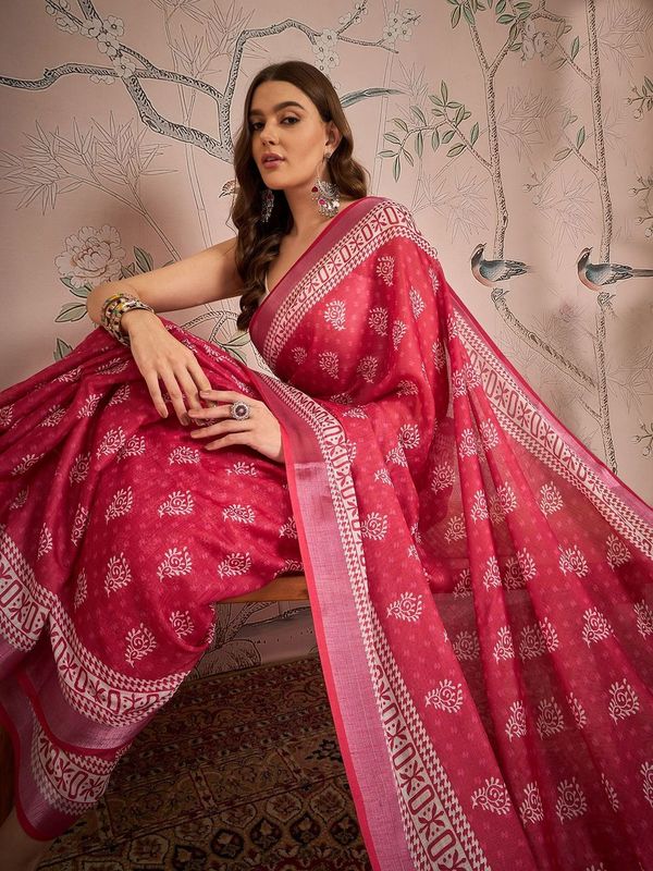 Pink Color Digital Printed Designer Linen Fabric Graceful Saree