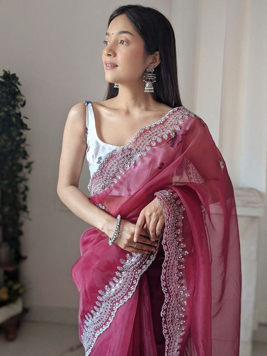 Wine Sequance Embroidery & Hand Work Organza Saree