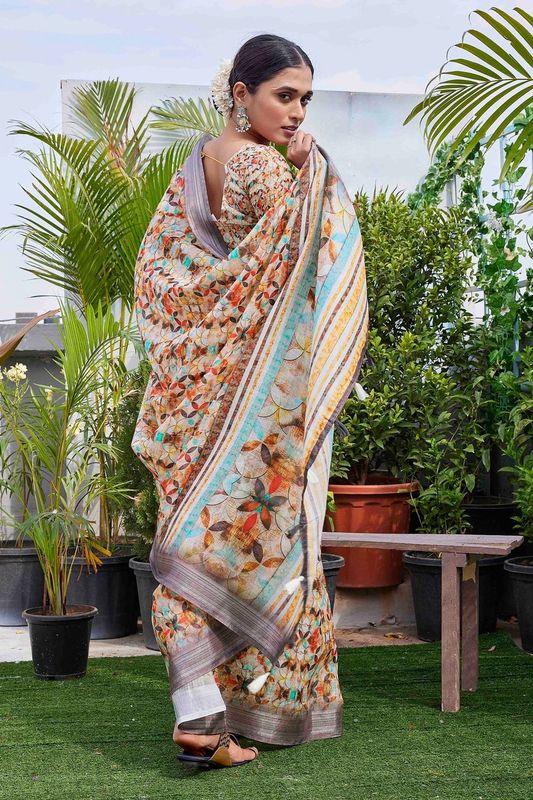 Beige Color Beautiful Fashinove Looks Smart Printed Linen Blend Saree