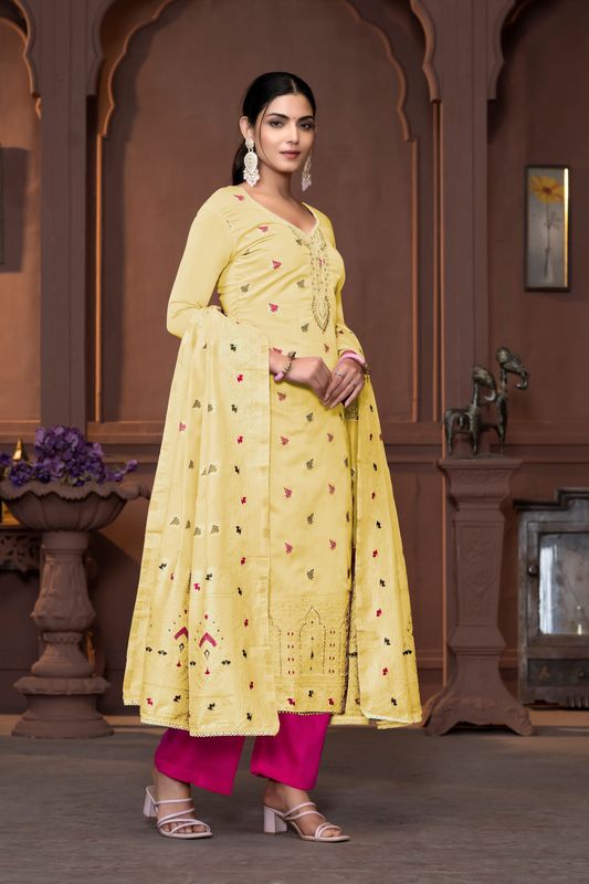 Yellow Muslin Wevon Designer With Hand Work Ethnic Designer Salwar Kameez