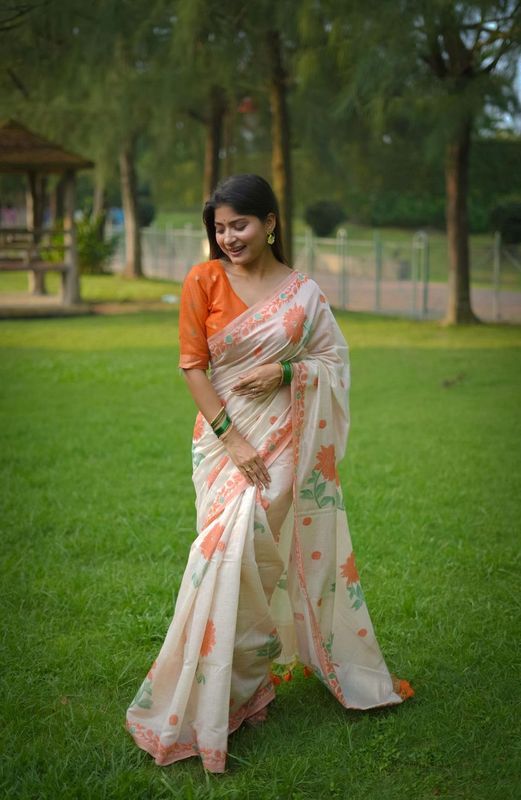 Rich Looks Floral Printed Off White Color Muga Cotton Saree For Sophisticated Looks