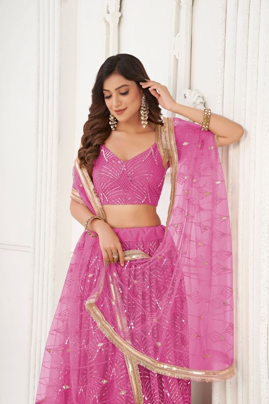 Pink Color Glamorous Heavy Embroidery Work Wedding Reception Wear Bridesmaid Lehenga