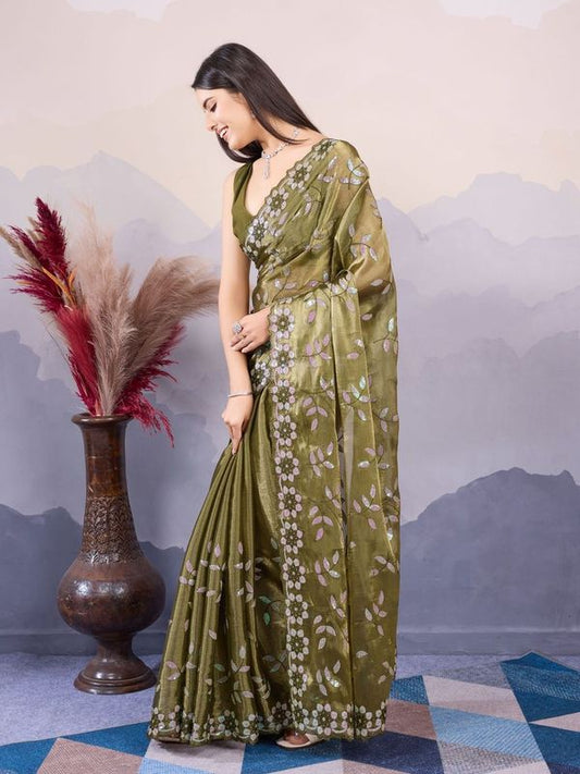 Green Color Burberry Silk Designer Sequins Embroidery Work Girlie Wedding Wear Saree