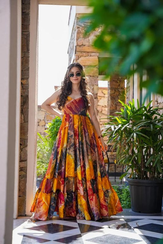 Multy Color Ethnic Rayon Fabric Designer Digital Printed Long Partywear Gown