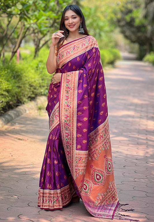 Purple Paithani Silk Wevon Paithani Designer Glamorous Ceremonial Rich Saree