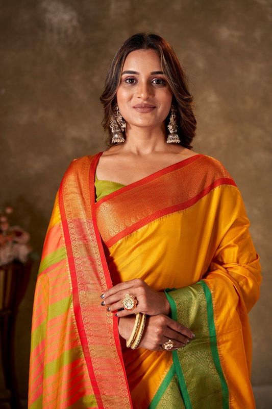 Mustard Cotton Striped Saree and Stitched Green Blouse