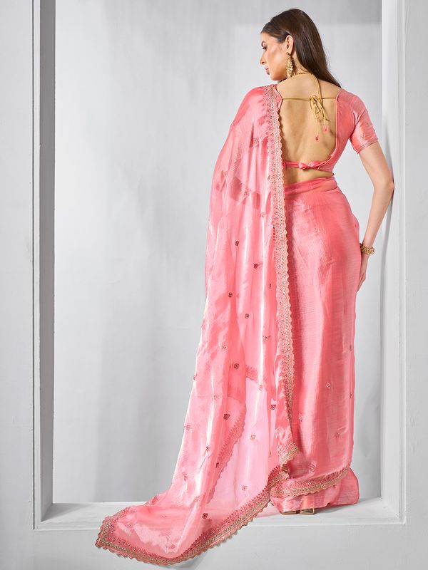 Coral Color Burburry Fabric Bollywood Style Designer Embroidery Work Evening Party Saree
