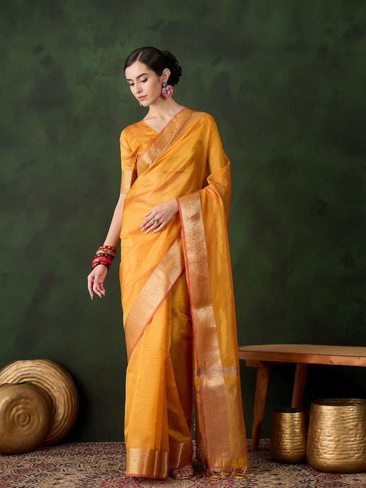 Yellow Wevon Jacquard Designer Khadi Organza Saree