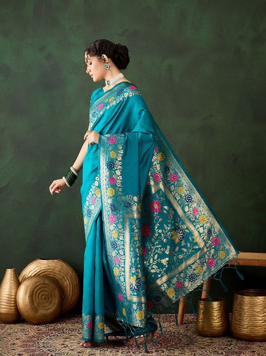 Teal Silk Wevon Jacquard Designer Traditional Rich Saree