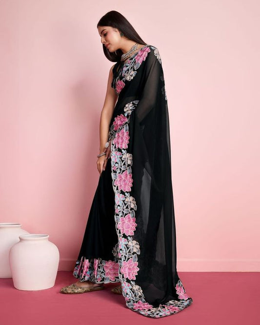 Black Multy Thread Embroidery Work Georgette Saree