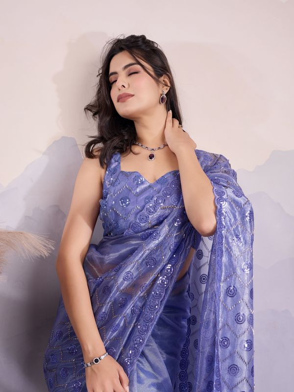 Lavender Twill Net Designer Sequins Embroidery Work Glamorous Partywear Saree