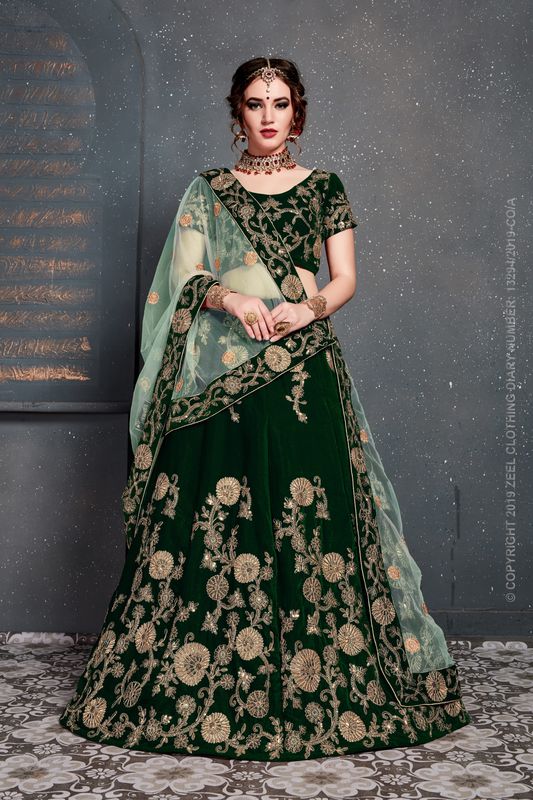 Dark Green Women's Velvet Embroidery Lehenga Choli