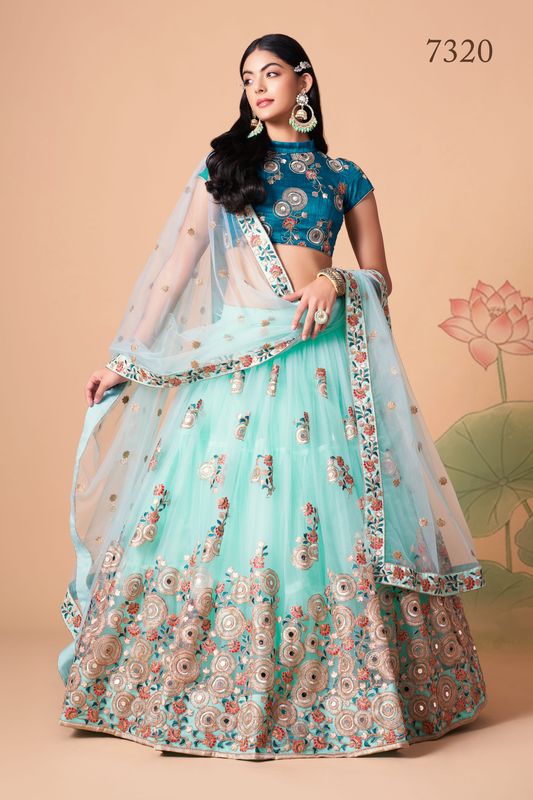 Sky Blue Women's Soft Net Embroidery Lehenga Choli