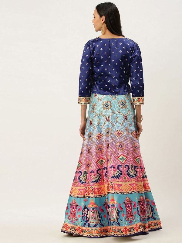 Digital Print Satin Silk Fabric Stitched Lehenga Choli With Jequared Blouse and Assami Silk Thread Work Dupatta For Women and Girls In Festive Party And Traditional Wear