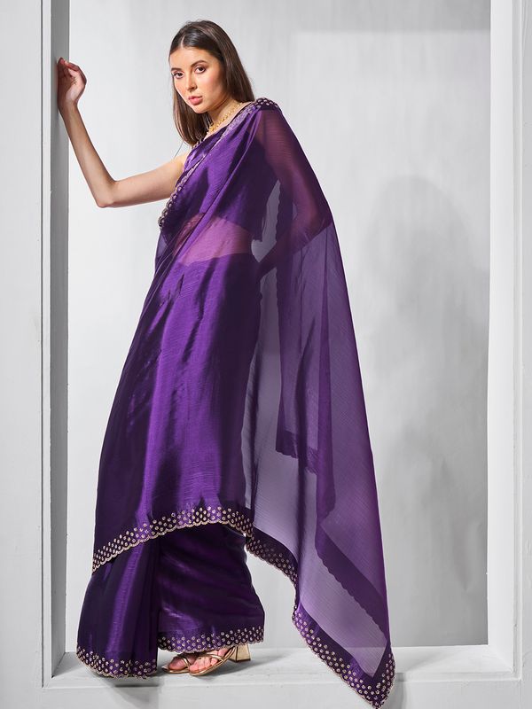 Purple Color Burburry Fabric Bollywood Style Swarovski  Designer Work Evening Party Saree
