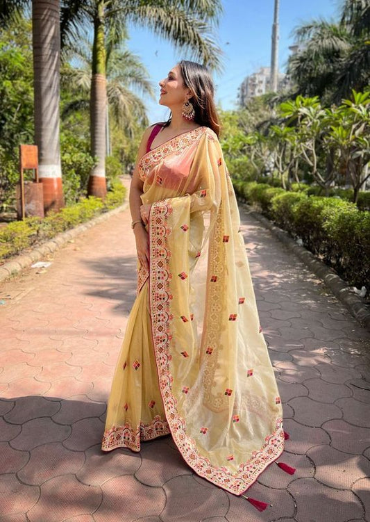 Yellow Multy Thread & Jari Embroidery Work Silver Tissue Silk Saree