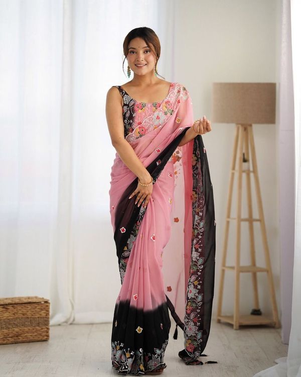 Black Color With Embroidery Work Georgette Saree